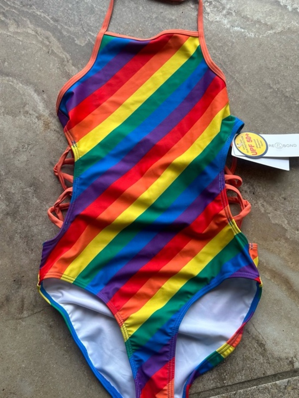 Treasure & Bond Rainbow Stripe One-Piece Swimsuit with Coral Trim  PM7